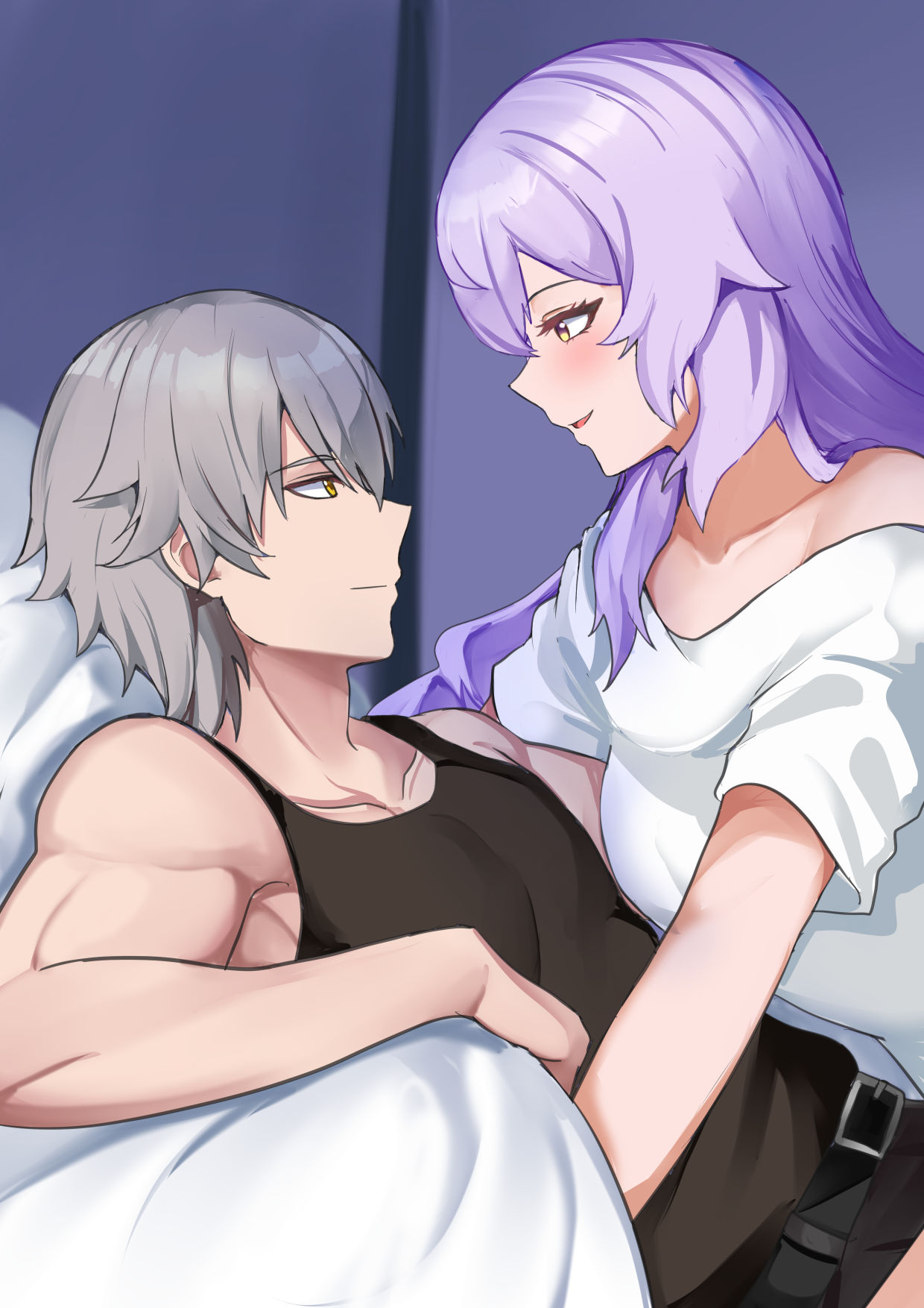 1boy 1girl black_swan_(honkai:_star_rail) black_tank_top caelus_(honkai:_star_rail) commentary from_side grey_hair highres honkai:_star_rail honkai_(series) off-shoulder_shirt off_shoulder parted_lips profile purple_hair shirt short_hair short_sleeves simple_background smile tank_top tian_kazuki trailblazer_(honkai:_star_rail) white_shirt yellow_eyes