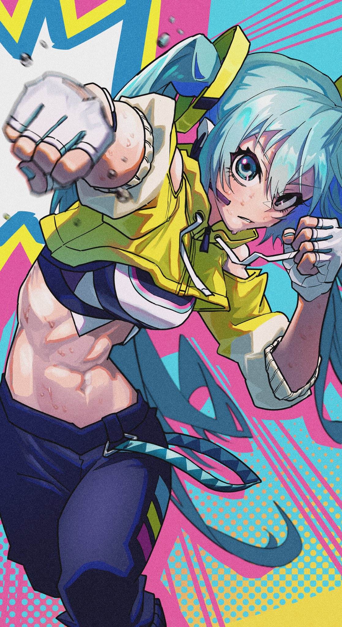 1girl abs black_pants blue_eyes blue_hair blurry blurry_background boxing cropped_jacket fingerless_gloves gloves gyoranden hair_between_eyes hatsune_miku highres jacket light_blue_background long_hair looking_at_viewer midriff navel pants solo sports_bra twintails vocaloid white_gloves yellow_jacket