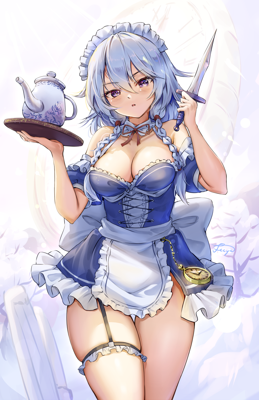 1girl adapted_costume blue_dress blush breasts cleavage cowboy_shot detached_collar dress fii_fii_(feefeeowo) frilled_dress frills grey_hair highres holding holding_knife holding_tray izayoi_sakuya knife large_breasts maid maid_headdress parted_lips purple_eyes short_hair solo thighs touhou tray twintails