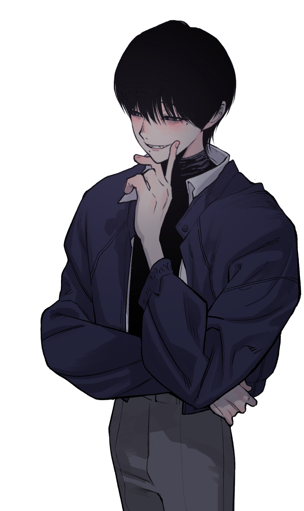1boy black_eyes black_hair blue_jacket blush empty_eyes fang grey_pants hair_ornament hairpin hand_on_own_chin hand_on_own_hip highres jacket looking_to_the_side male_focus mole mole_under_mouth muryo original pants shy simple_background smile turtleneck upper_body white_background