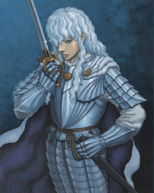 androgynous armor berserk blue_eyes griffith lips long_hair male_focus miura_kentarou sheath solo sword wavy_hair weapon white_hair