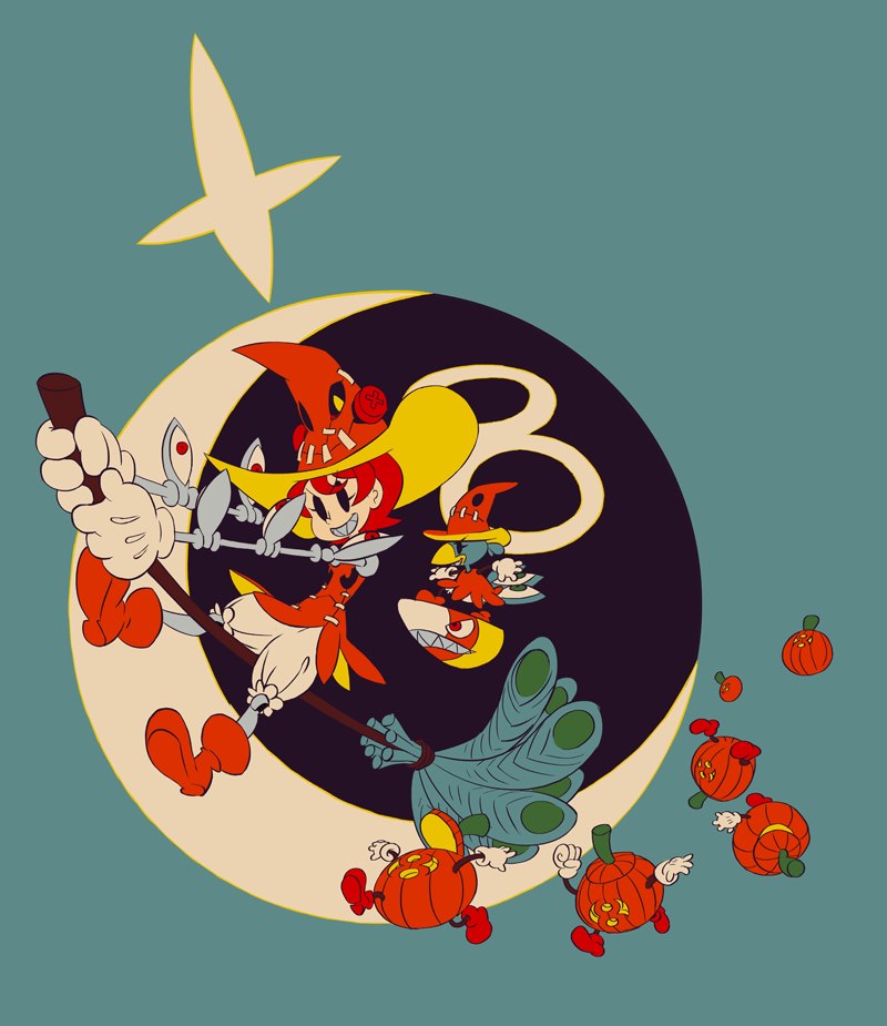 1girl alex_ahad alternate_costume andy_anvil artist_request avery_(skullgirls) beak bird broom broom_riding george_the_bomb grin halloween hat jack-o'-lantern jack-o'-lantern mechanical_arms official_art peacock_(skullgirls) pumpkin red_eyes red_hair skullgirls smile teeth