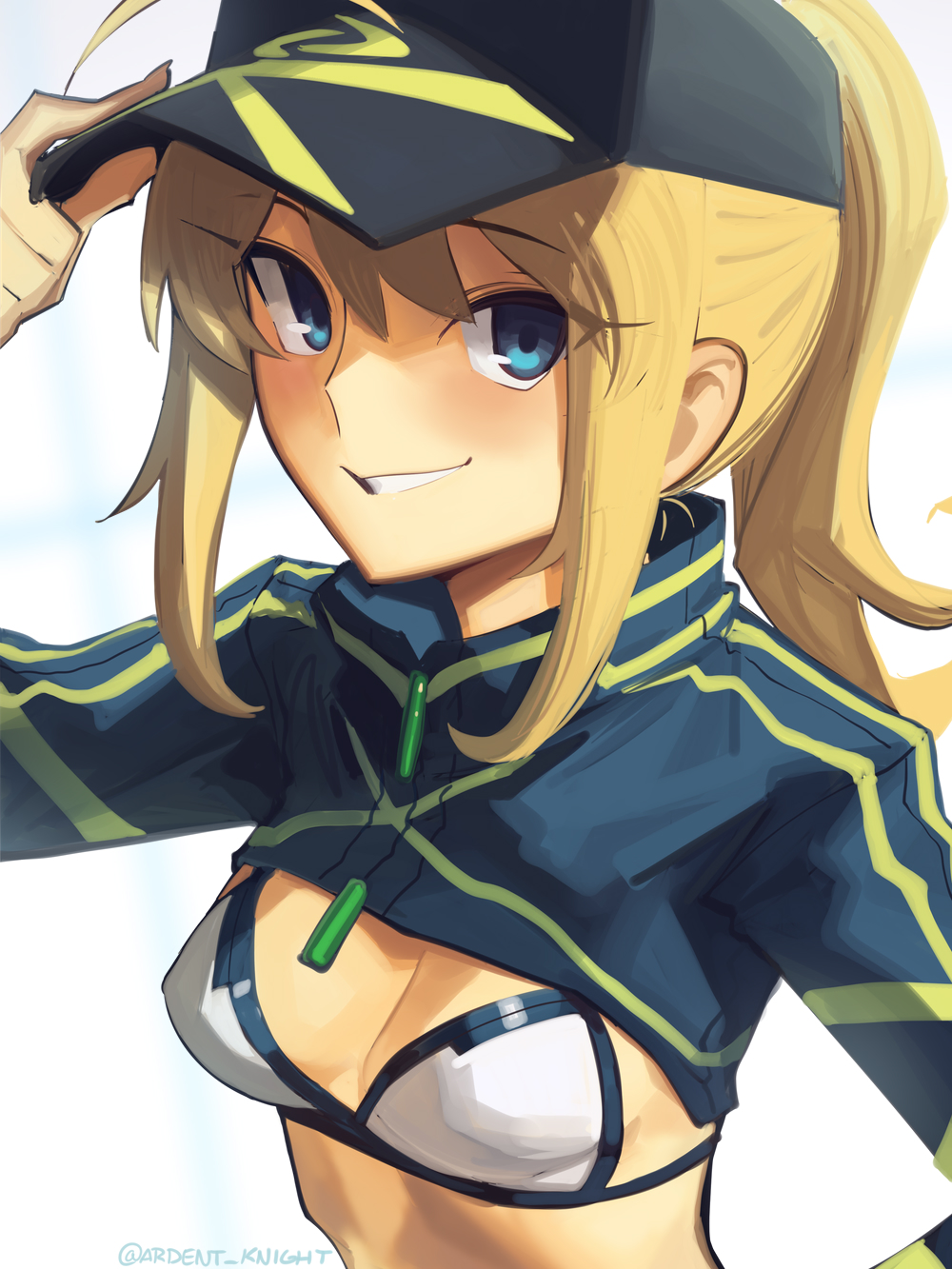 1girl ahoge artoria_pendragon_(fate) baseball_cap bikini blonde_hair blue_eyes blue_hat blue_jacket blush boa_(brianoa) breasts cropped_jacket fate/grand_order fate_(series) grin hair_through_headwear hat highres jacket long_hair looking_at_viewer medium_breasts mysterious_heroine_xx_(fate) ponytail portrait shrug_(clothing) smile solo swimsuit white_bikini