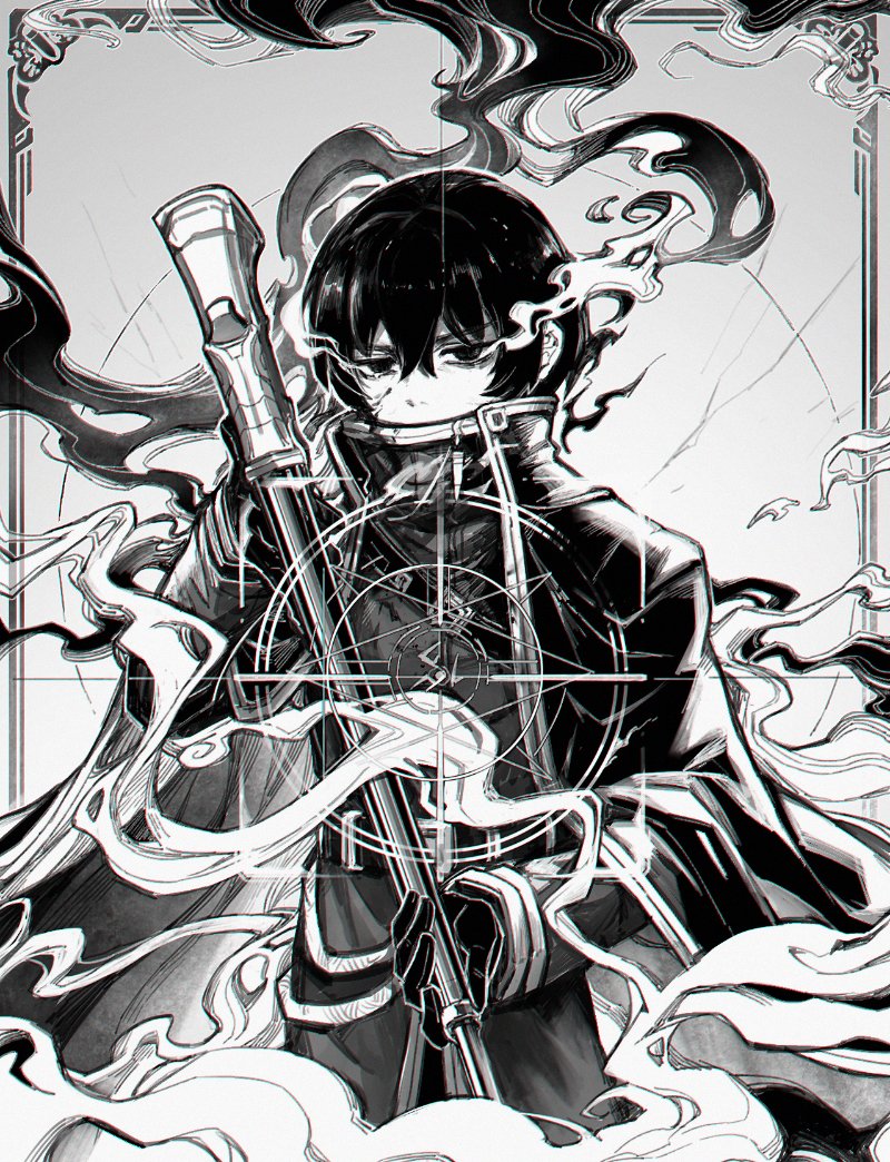 1boy belt cape coat crosshair der_freischuetz_(lobotomy_corporation) e.g.o_(project_moon) fire flaming_eyes flaw_eight gloves greyscale gun holding holding_weapon limbus_company long_sleeves looking_at_viewer military_uniform monochrome project_moon rifle solo uniform weapon yi_sang_(project_moon)