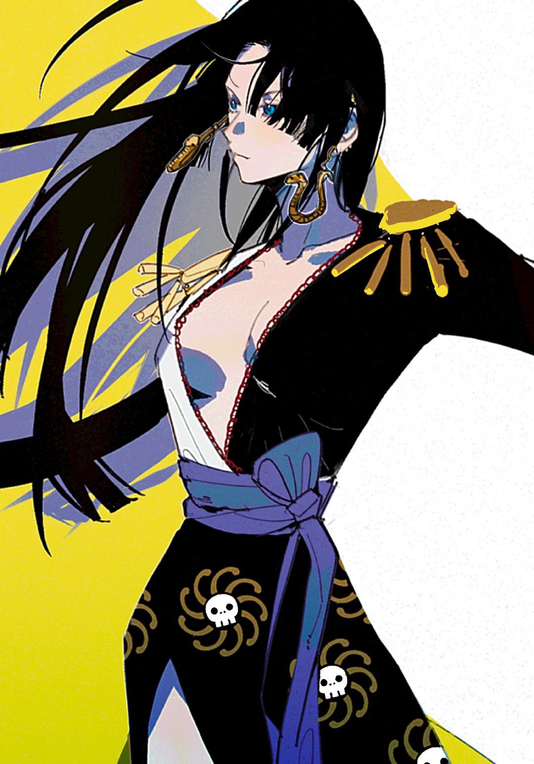 1girl black_hair blue_eyes blunt_ends boa_hancock breasts cleavage closed_mouth colored_shadow commentary_request cowboy_shot earrings epaulettes floating_hair highres hime_cut jewelry long_hair looking_to_the_side one_piece one_piece:_stampede onecata11 purple_sash sash shadow snake_earrings solo two-tone_background two-tone_dress white_background yellow_background