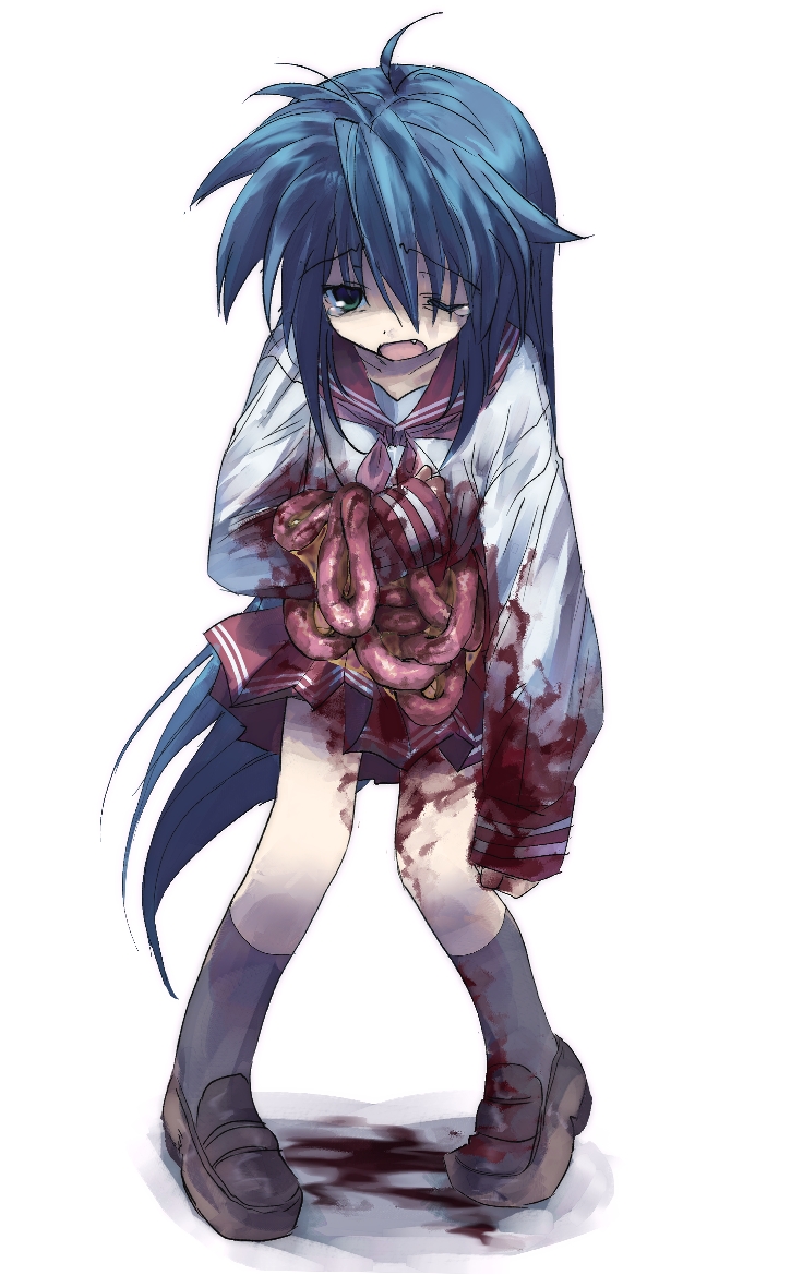 1girl ahoge arm_at_side black_socks blood blood_on_clothes blood_on_ground blood_on_hands blood_on_leg blue_hair brown_footwear commentary_request crying crying_with_eyes_open disembowelment fang full_body furrowed_brow green_eyes guro hair_between_eyes holding_organ intestines izumi_konata kneehighs loafers long_hair lucky_star neckerchief one_eye_closed open_mouth organs pink_neckerchief pink_sailor_collar pink_skirt pleated_skirt ryouou_school_uniform sailor_collar school_uniform serafuku shirt shoes sidelocks skirt socks solo striped_clothes striped_skirt tako3000 tears very_long_hair white_background white_shirt