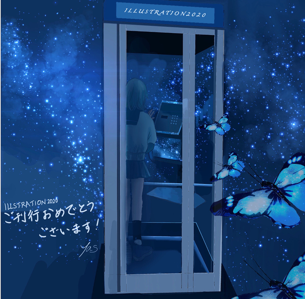 1girl 2020 blue_theme bug butterfly from_behind illustration.media medium_hair monochrome phone_booth sailor_collar skirt sky solo star_(sky) starry_sky wide_shot yasuta_kaii32i