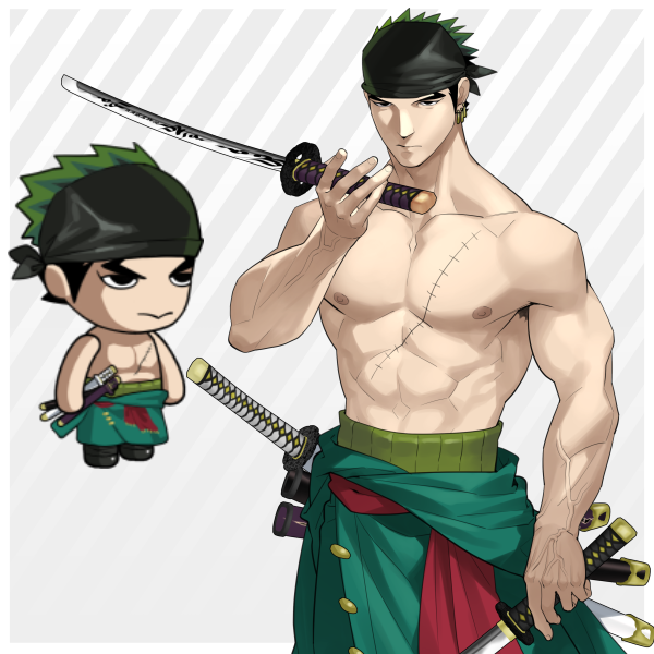 1boy abs armpit_hair armpit_hair_peek bandana bara character_request chibi clothed_down cosplay cowboy_shot ero_condo holding holding_sword holding_weapon japanese_clothes kienbiu kimono male_focus muscular muscular_male navel nipples official_alternate_costume one_piece paid_reward_available pectorals roronoa_zoro roronoa_zoro_(cosplay) serious short_hair simple_background solo standing stomach sword veins veiny_arms weapon