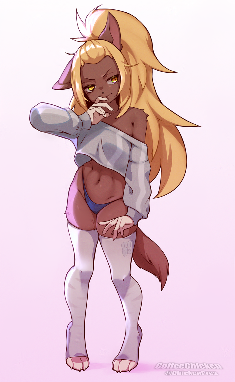 2024 4_toes 5_fingers anthro blonde_hair brown_body brown_fur brown_hyena clothed clothing coffeechicken feet female fingers fur hair hi_res hyena legwear looking_aside mammal navel one_ear_up panties pink_background sasa_(coffeechicken) simple_background solo standing tail thigh_highs toeless_thigh_highs toes topwear underwear yellow_eyes
