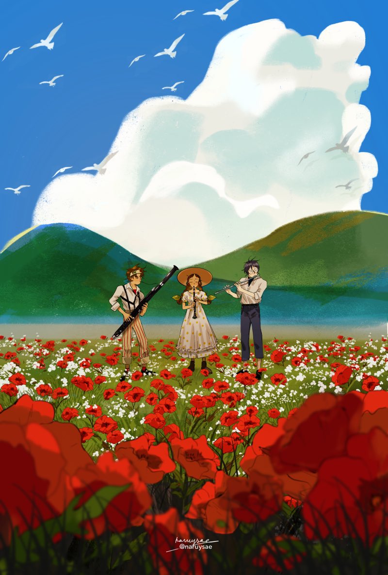 1boy 2girls ace_attorney bassoon bird black_pants braid brown_hair clarinet closed_eyes cloud commentary cumulonimbus_cloud dress english_commentary field flower flower_field flute glasses headband hill holding holding_instrument hugh_o'conner instrument juniper_woods multiple_girls music naruysae outdoors pants playing_instrument poppy_(flower) reverse_trap robin_newman signature striped_clothes striped_pants suspenders transverse_flute twin_braids twitter_username white_bird white_dress white_flower white_headband