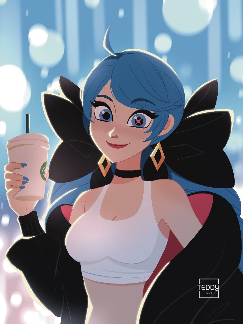 1girl black_bow black_choker black_coat blue_hair blue_nails bow breasts choker cleavage coat coffee_cup cup disposable_cup earrings gwen_(league_of_legends) hair_bow jewelry league_of_legends long_hair looking_at_viewer smile solo symbol_in_eye teddy_teddd