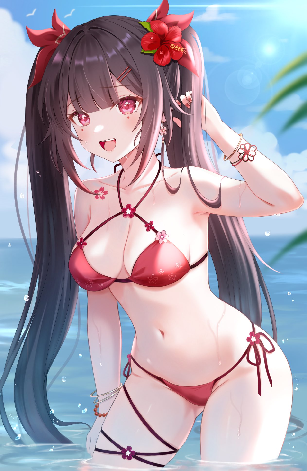 1girl alternate_costume arm_up bare_shoulders bikini black_hair blue_sky breasts cloud cloudy_sky commentary_request earrings flower flower_earrings flower_tattoo hair_flower hair_ornament halterneck highres honkai:_star_rail honkai_(series) jewelry long_hair looking_at_viewer medium_breasts mole mole_under_each_eye mole_under_eye multiple_moles nasii navel open_mouth outdoors pink_eyes red_bikini red_flower side-tie_bikini_bottom sky smile solo sparkle_(honkai:_star_rail) stomach swimsuit tattoo twintails very_long_hair wading