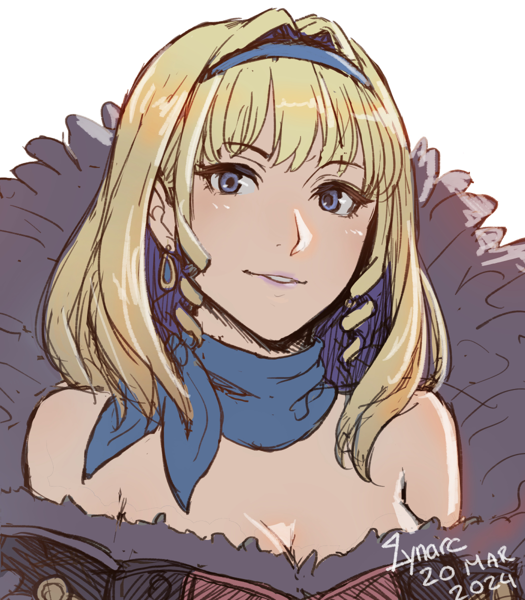 1girl bare_shoulders blonde_hair blue_choker blue_eyes blue_hair blue_hairband breasts choker cleavage cm_lynarc colored_inner_hair commentary constance_von_nuvelle dress drill_hair drill_sidelocks fire_emblem fire_emblem:_three_houses fire_emblem_warriors:_three_hopes hairband highres looking_at_viewer multicolored_hair off-shoulder_dress off_shoulder official_alternate_costume official_alternate_hairstyle parted_lips purple_lips sidelocks simple_background solo upper_body white_background