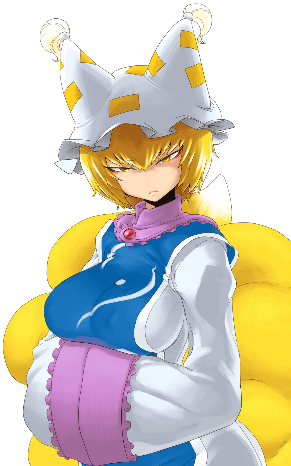 animal_ears bad_id bad_pixiv_id blonde_hair breasts covered_nipples fox_tail hands_in_opposite_sleeves hat highres large_breasts looking_at_viewer multiple_tails simple_background solo space_jin tail touhou white_background yakumo_ran yellow_eyes