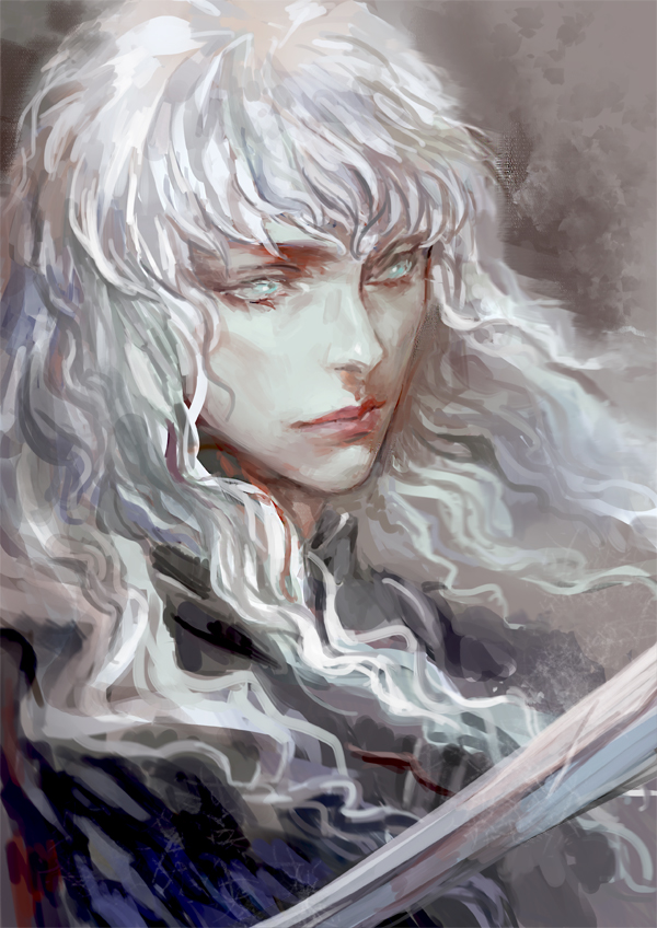androgynous berserk blue_eyes griffith male_focus realistic silver_hair sirius_d solo sword weapon white_hair