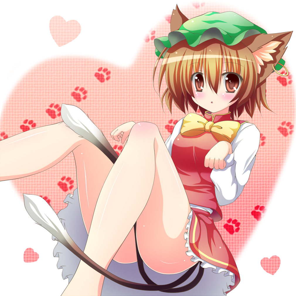 animal_ears between_legs blush bow brown_hair cat_ears cat_tail chen earrings hat heart jewelry multiple_tails osashin_(osada) paw_pose paw_print red_eyes short_hair skirt solo tail tail_between_legs touhou