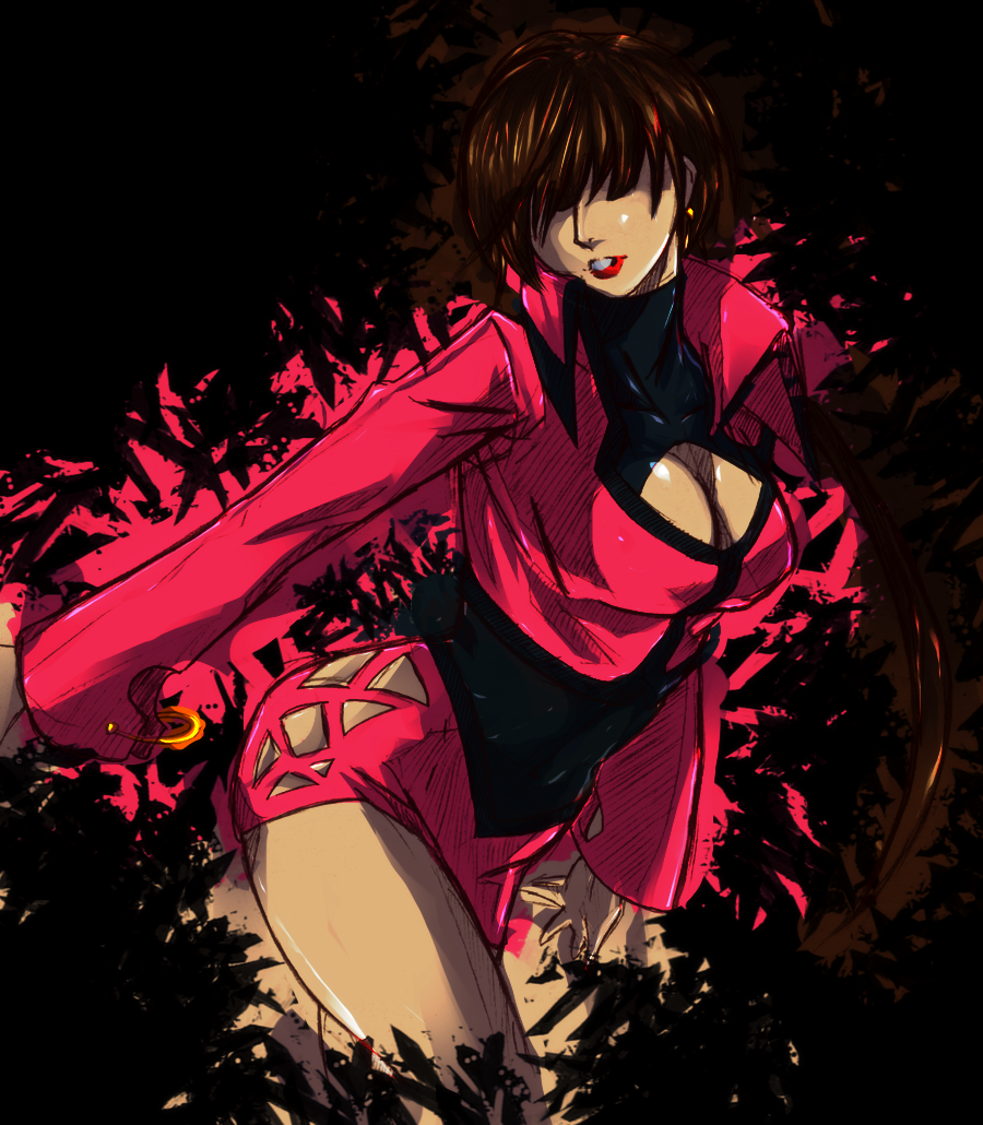 breasts brown_hair cleavage cleavage_cutout colorized dark_persona dark_skin derivative_work h1w0 hair_over_eyes hiroaki_(kof) large_breasts leaning_forward lipstick long_hair makeup miniskirt navel ponytail popped_collar shermie skirt solo the_king_of_fighters