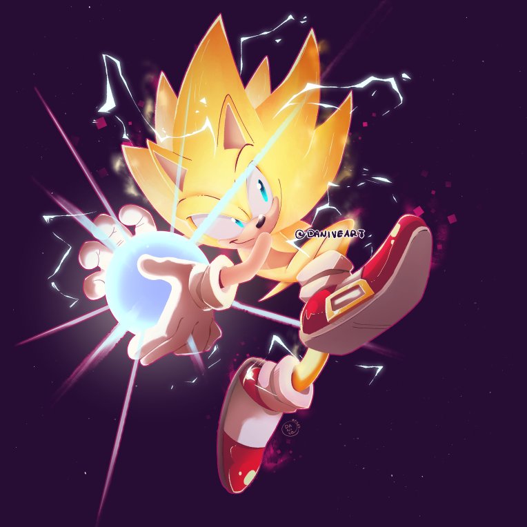 1boy aura blue_eyes commission dani_ve dragon_ball electricity energy furry gloves glowing leg_up midair powering_up purple_background red_footwear shoes solo sonic_(series) sonic_the_hedgehog super_sonic twitter_username white_gloves yellow_fur