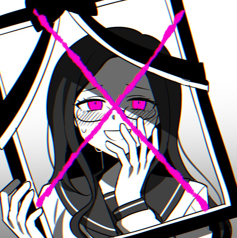 1girl bad_id bad_twitter_id blush collared_shirt commentary_request commission danganronpa_(series) danganronpa_v3:_killing_harmony furrowed_brow glasses gradient_background grey_background greyscale hand_to_own_mouth holding holding_frame iei long_hair long_sleeves looking_at_viewer monochrome neckerchief open_mouth pink_eyes round_eyewear sailor_collar school_uniform serafuku shirogane_tsumugi shirt simple_background single_sidelock smile solo spot_color sweat upper_body waka_(wk4444) wavy_hair