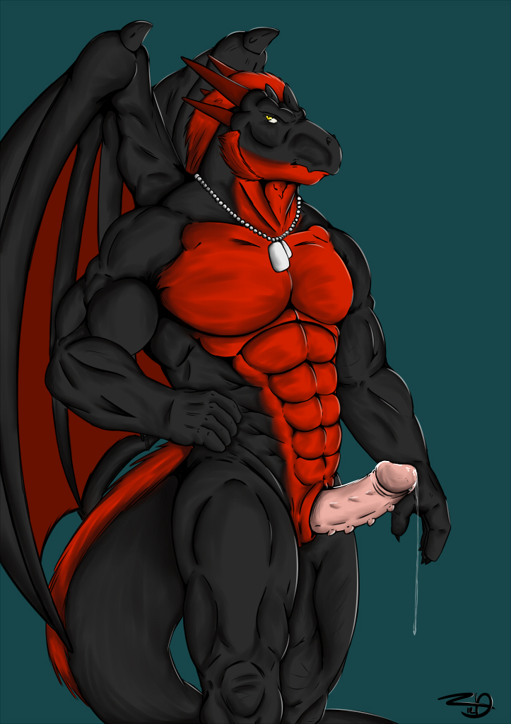 anthro balls barbs biceps big big_muscles big_penis black_body black_dragon black_skin countershading cum cum_string digitigrade dog_tags dragon dripping erection flexing fur hair horn leaking looking_back maionios male muscles necklace nude pecs penis pose precum red_countershading red_fur red_hair red_horns reptile scales scalie slit solo standing teal_background thick_penis toned wings xxzerkkandragonxx yellow_eyes