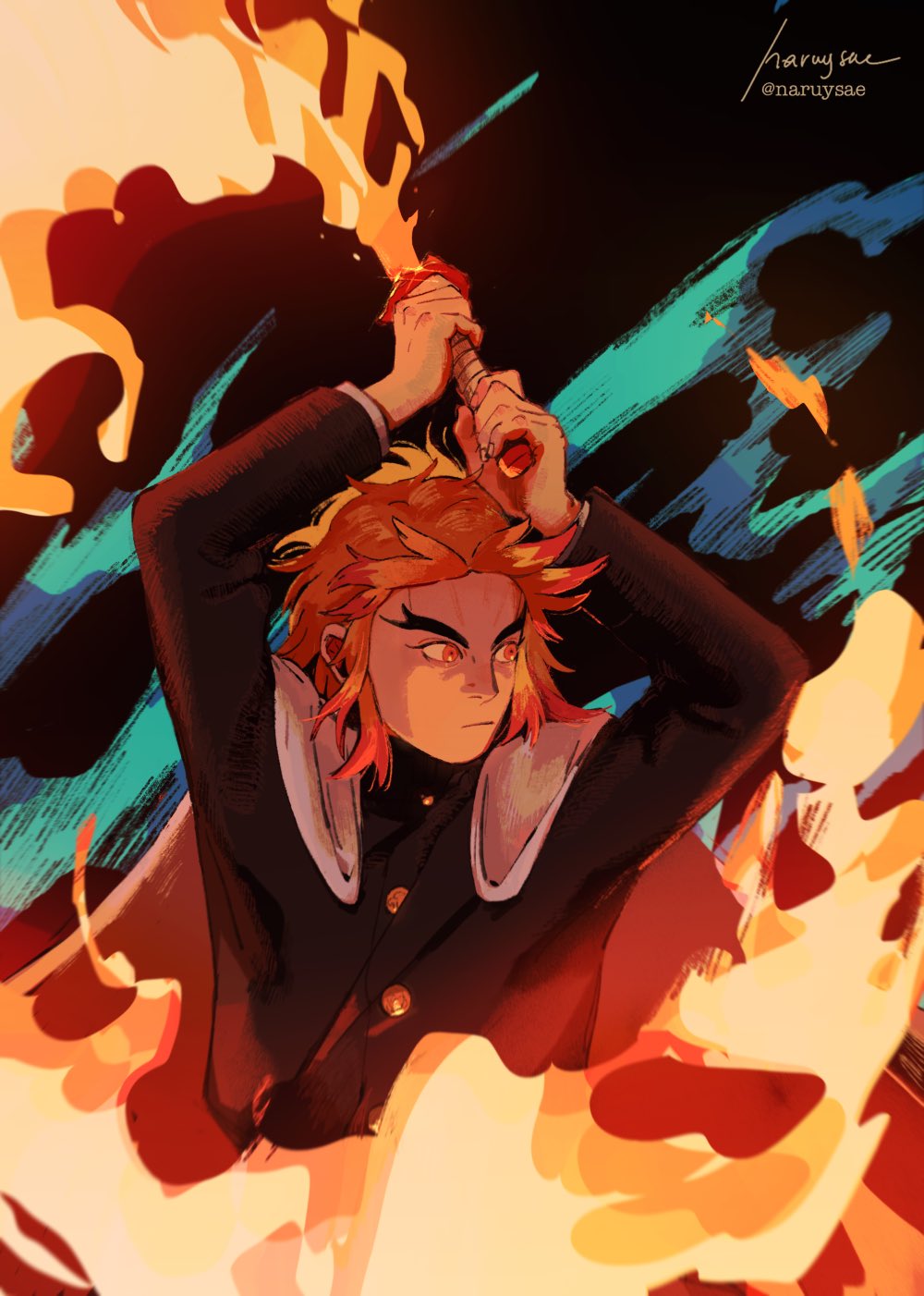 1boy arms_up cape closed_mouth flaming_sword flaming_weapon highres holding holding_sword holding_weapon kimetsu_no_yaiba long_hair long_sleeves looking_to_the_side male_focus naruysae orange_eyes orange_hair rengoku_kyoujurou short_hair signature solo sword weapon white_cape