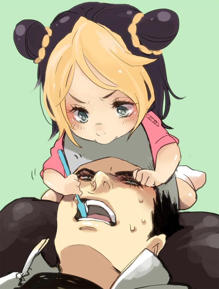 1girl blonde_hair blue_eyes brown_hair brushing_teeth child double_bun father_and_daughter green_eyes hat jojo_no_kimyou_na_bouken kuujou_jolyne kuujou_joutarou multicolored_hair stone_ocean toothbrush two-tone_hair u-min younger