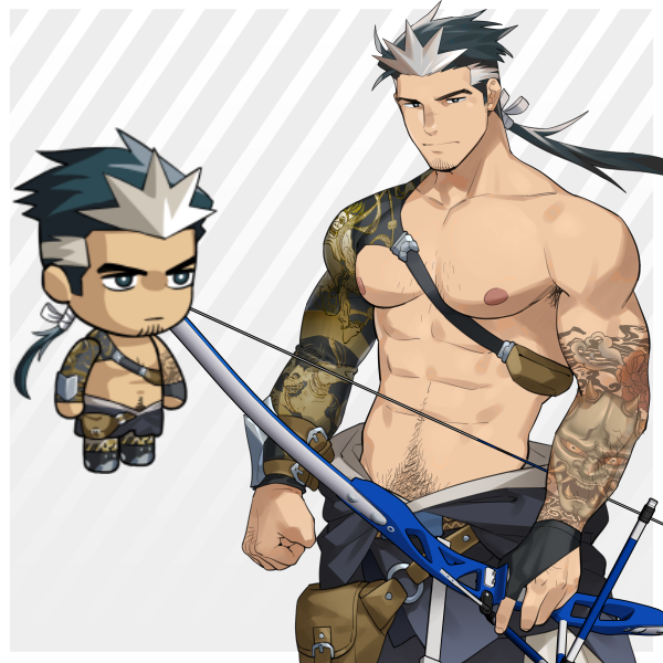 1boy abs bara bare_pectorals bow_(weapon) bulge character_request chibi cowboy_shot ero_condo expressionless facial_hair goatee_stubble holding holding_bow_(weapon) holding_weapon igote kienbiu large_pectorals looking_at_viewer male_focus multicolored_hair muscular muscular_male navel nipples official_alternate_costume paid_reward_available pectorals short_hair simple_background solo sparse_chest_hair standing stomach streaked_hair stubble thick_navel_hair thick_thighs thighs weapon