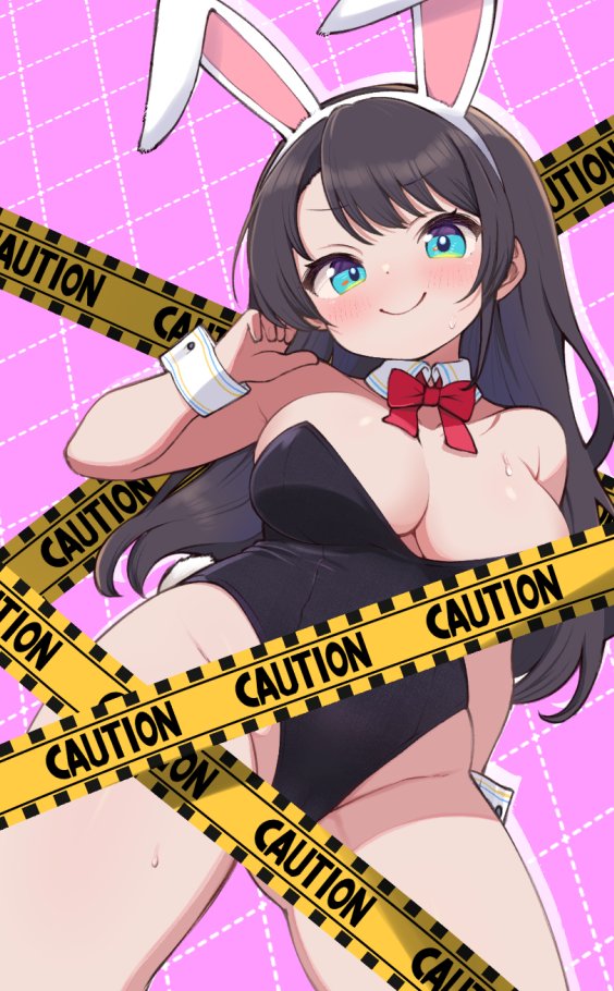 1girl animal_ears black_hair blue_eyes blush bow bowtie breasts caution_tape cleavage commentary_request commission detached_collar fake_animal_ears hololive kani_bonara large_breasts long_hair oozora_subaru pink_background playboy_bunny rabbit_ears red_bow red_bowtie skeb_commission smile solo virtual_youtuber wrist_cuffs