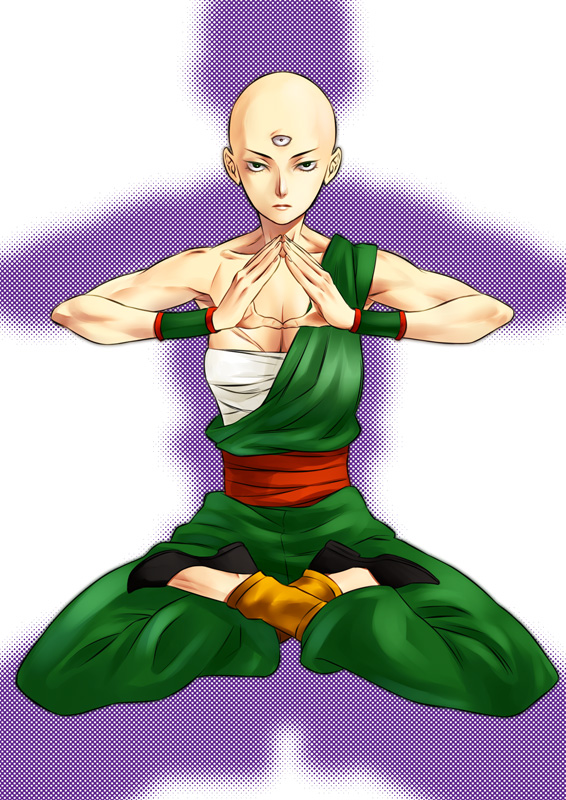 bald bald_girl bare_shoulders breasts cleavage dragon_ball dragon_ball_z genderswap genderswap_(mtf) indian_style kabane_(follabi) large_breasts meditation muscle sarashi sash scar sitting solo tenshinhan third_eye wristband