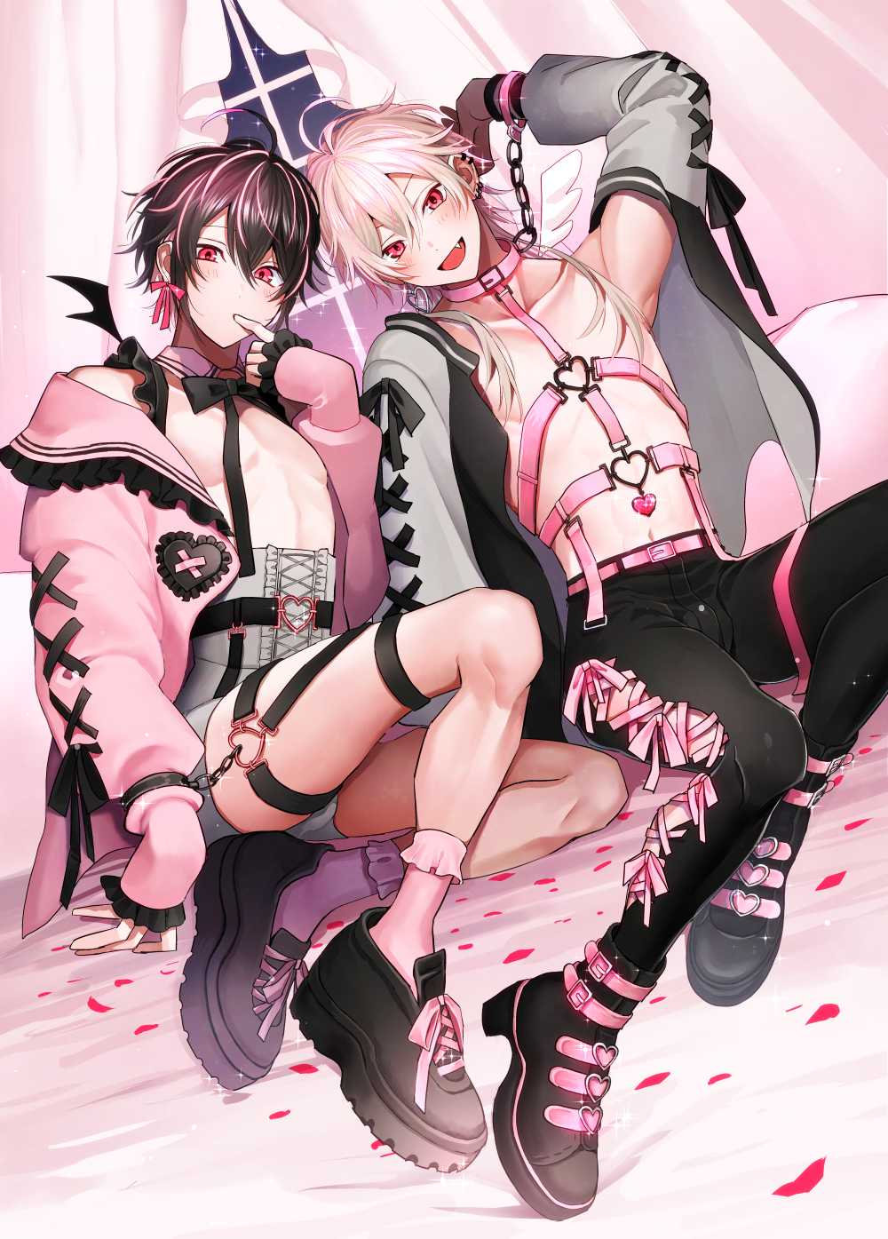2boys ahoge angel_wings bat_wings bdsm belt_collar black_hair blush bondage bound brothers chain chest_harness collar commentary_request crossdressing cuffs fang finger_to_mouth full_body hair_between_eyes handcuffs harness heart_o-ring highres jacket lolita_fashion long_hair looking_at_viewer male_focus mini_wings multicolored_hair multiple_boys night night_sky open_clothes open_jacket open_mouth original oshirase otoko_no_ko petals pink_eyes pink_hair pink_jacket pink_ribbon revealing_clothes ribbon rose_petals short_hair shorts siblings sitting sky sparkle streaked_hair thigh_strap twins two-tone_hair white_hair window wings