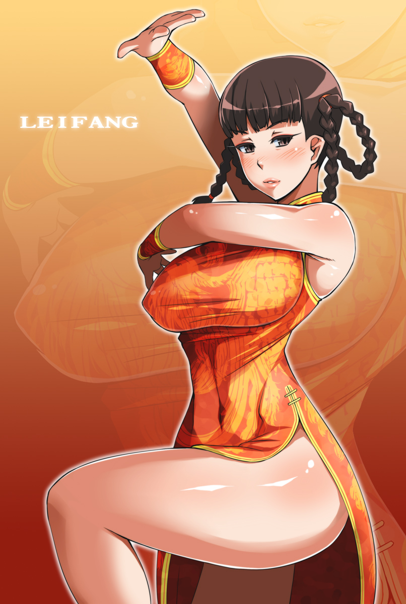 breasts brown_eyes brown_hair china_dress chinese_clothes dead_or_alive dress enoshima_iki highres large_breasts legs lei_fang side_slit thick_thighs thighs