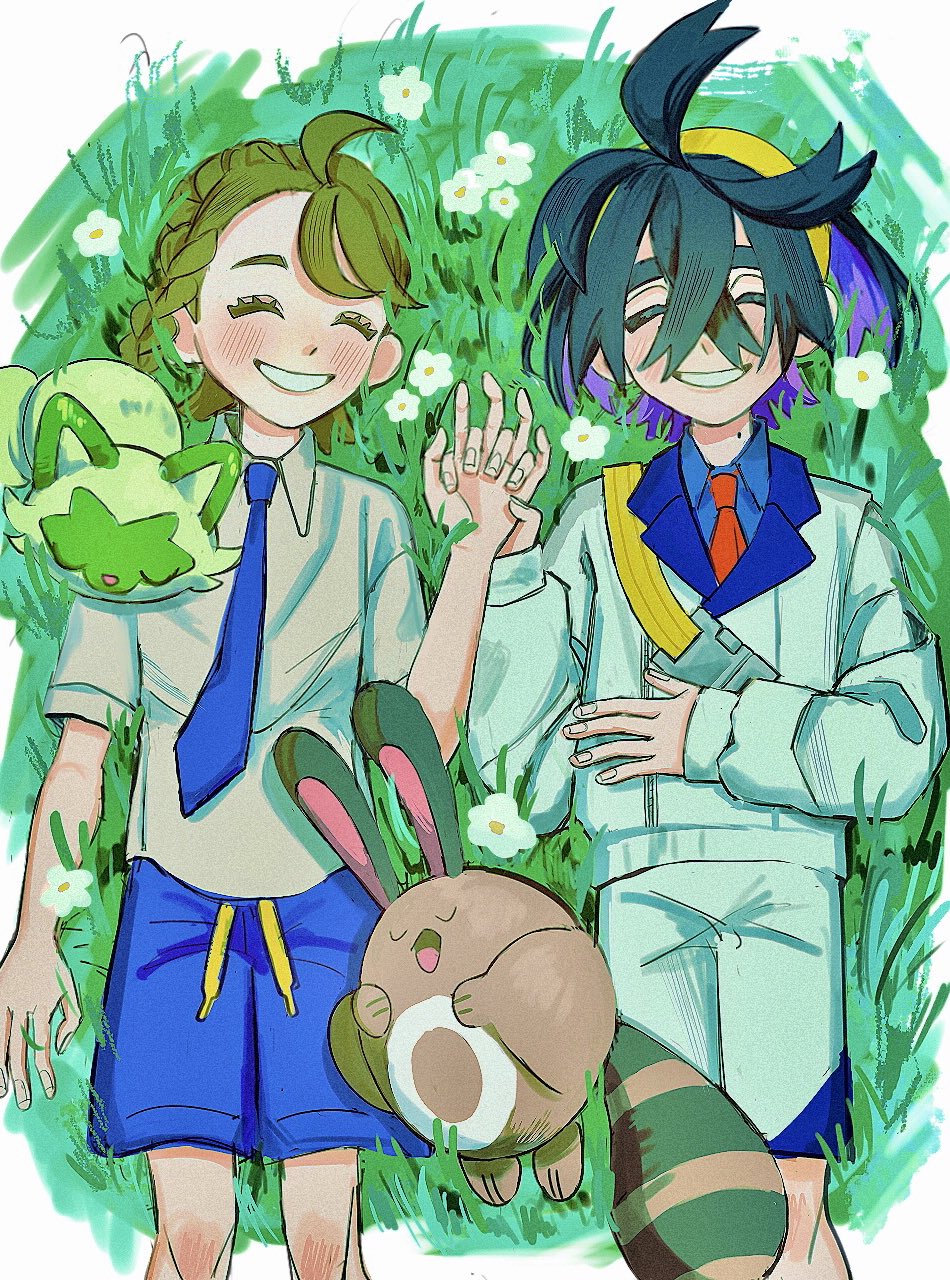 1boy 1girl black_hair blue_shorts blush brown_hair closed_eyes collared_shirt crossed_bangs flower grass hetero highres holding_hands jacket juliana_(pokemon) kieran_(pokemon) lying mole mole_on_neck necktie on_back open_mouth pokemon pokemon_(creature) pokemon_sv purple_hair school_uniform sentret shirt shorts sprigatito unanaann uva_academy_school_uniform white_flower white_jacket white_shirt white_shorts