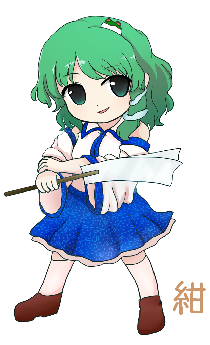 1girl bare_shoulders blue_skirt brown_footwear chibi collared_shirt detached_sleeves frog_hair_ornament full_body gohei green_eyes green_hair hair_ornament hands_up highres holding holding_gohei kochiya_sanae legacy_of_lunatic_kingdom long_sleeves looking_to_the_side open_mouth rei_(tonbo0430) shadow shirt shoes short_hair simple_background skirt smile snake_hair_ornament socks solo standing touhou white_background white_shirt white_socks wide_sleeves