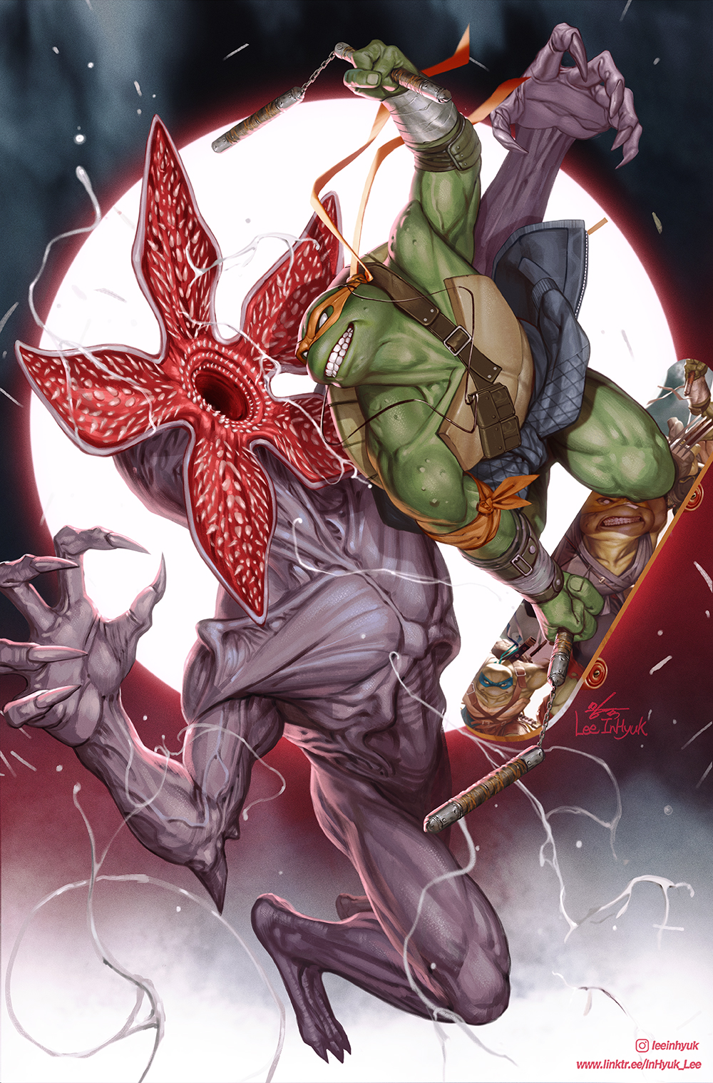 1boy battle comic_cover copyright_request crossover demogorgon fighting highres holding holding_nunchaku holding_weapon in-hyuk_lee jaws mask michelangelo_(tmnt) monster nunchaku official_art open_mouth reptile_boy stranger_things teenage_mutant_ninja_turtles teenage_mutant_ninja_turtles_x_stranger_things teeth turtle weapon western_comics_(style)