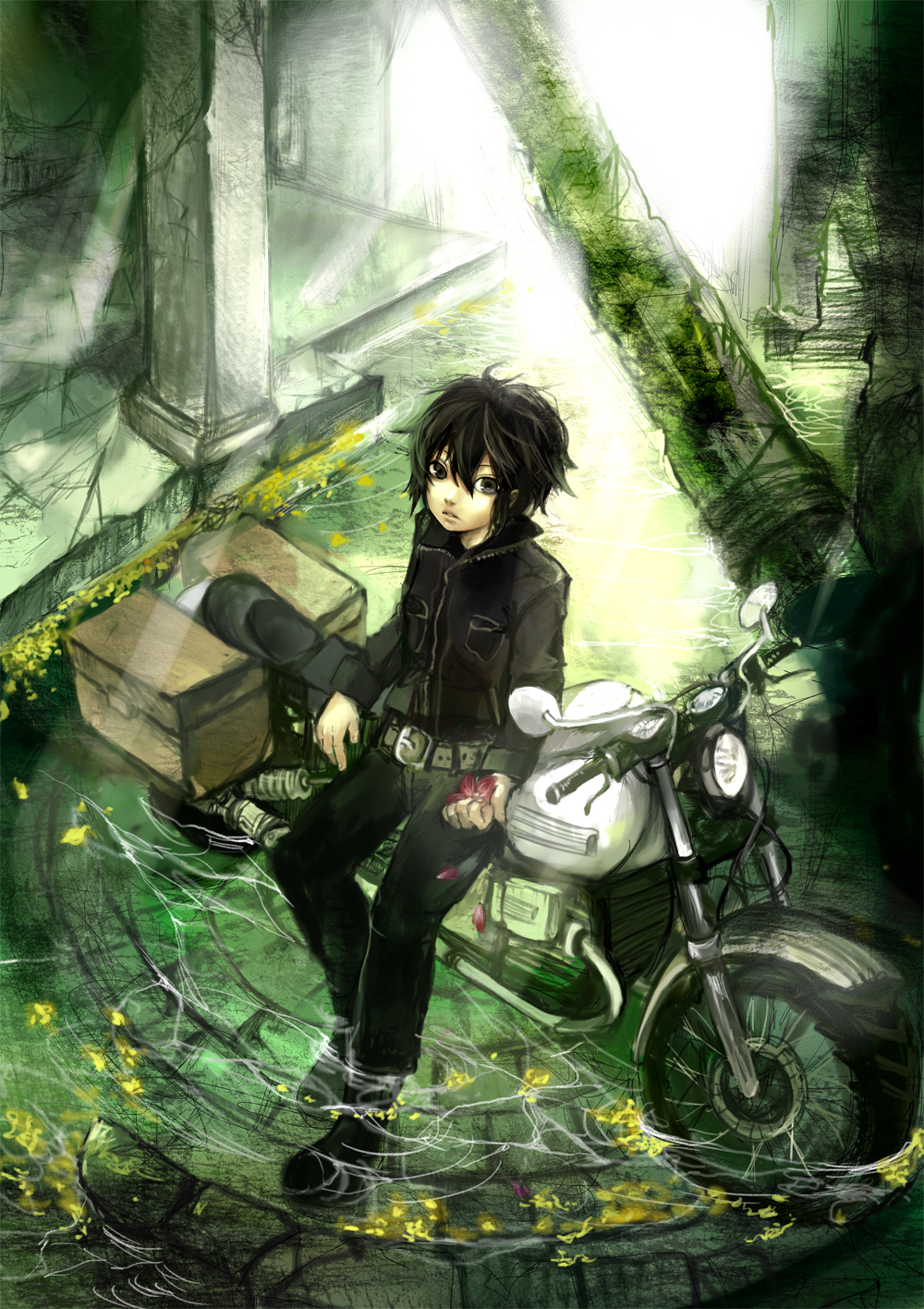 belt bicycle black_hair coat flower ground_vehicle highres kino kino_no_tabi messy_hair motor_vehicle motorcycle open_mouth oxalicacid petals reverse_trap ruins short_hair water