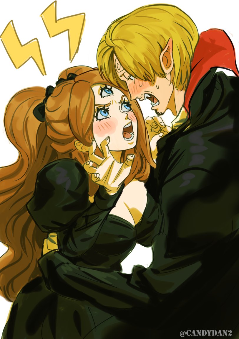 1boy 1girl black_bow black_dress blonde_hair blood blue_eyes blush bow breasts brown_hair cape charlotte_pudding cleavage collarbone curly_eyebrows dress english_commentary facial_hair fangs full-face_blush gloves hair_over_one_eye halloween hand_on_another's_waist hetero large_breasts lips long_sleeves one_piece open_clothes pointy_ears puffy_sleeves pulled_by_self rita_ya sanji_(one_piece) shirt short_hair third_eye twintails vampire white_gloves