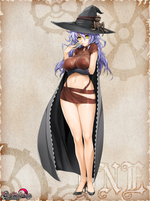 ashley_hazel_blackmoor baroque_night_eclipse breasts cape covered_nipples hat high_heels ishikei large_breasts midriff navel purple_hair shoes solo source_request witch_hat wizard yellow_eyes