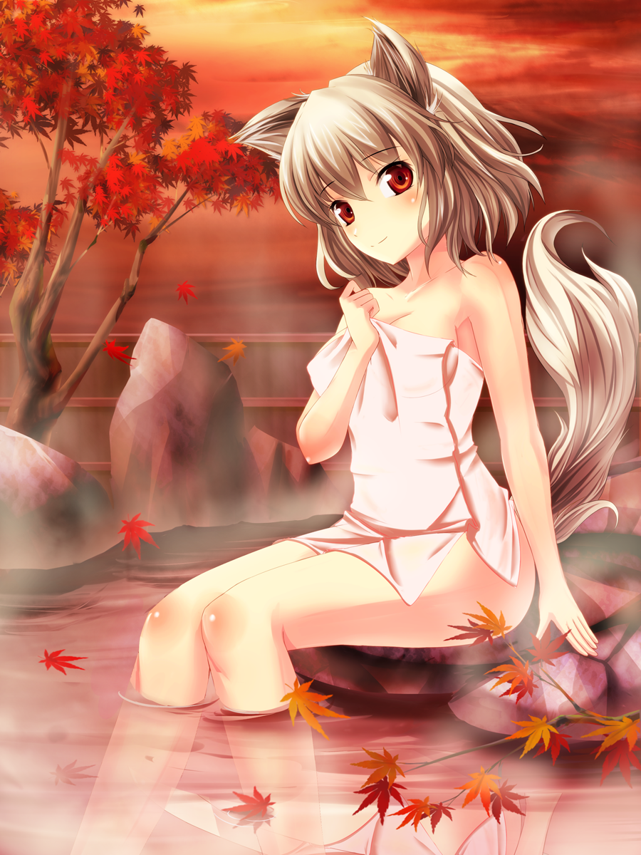 animal_ears autumn_leaves bare_shoulders blush bug_(artist) highres inubashiri_momiji leaf looking_at_viewer maple_leaf naked_towel onsen red_eyes short_hair silver_hair sitting solo tail touhou towel tree water wolf_ears wolf_tail