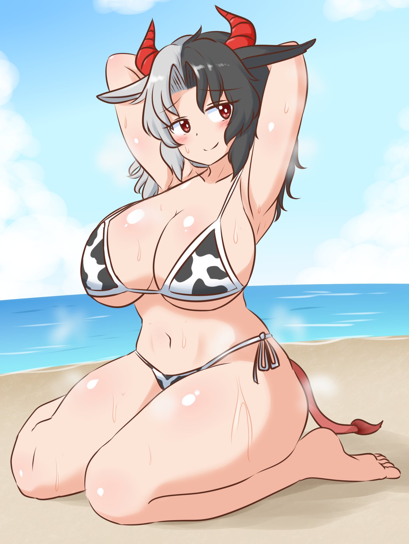 1girl animal_ears animal_print arms_behind_head beach bikini black_hair blue_sky breasts cleavage closed_mouth cloud commentary_request commission cow_ears cow_girl cow_horns cow_print cow_print_bikini full_body highres horns large_breasts looking_at_viewer mizusoba multicolored_hair navel ocean outdoors print_bikini red_eyes red_horns seiza shirt sitting skeb_commission sky smile solo split-color_hair sweat swimsuit touhou ushizaki_urumi white_hair white_shirt