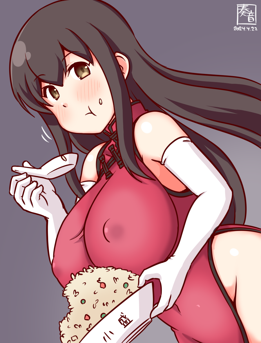 1girl akagi_(kancolle) alternate_costume artist_logo bowl breasts brown_eyes brown_hair china_dress chinese_clothes covered_nipples cowboy_shot dress eating elbow_gloves food fried_rice gloves grey_background holding holding_spoon kanon_(kurogane_knights) kantai_collection large_breasts long_hair looking_at_viewer no_panties one-hour_drawing_challenge red_dress rice smile solo spoon white_gloves