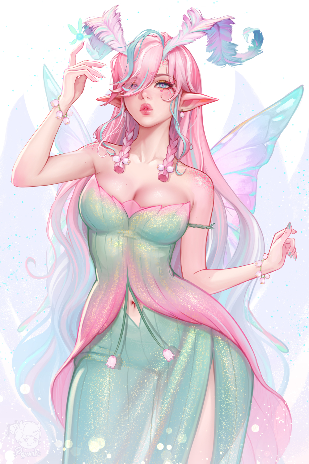 1girl arthropod_girl bare_shoulders blue_eyes bracelet breasts dress eyes_visible_through_hair hair_over_one_eye highres insect_wings jewelry lips long_hair looking_at_viewer medium_breasts moth_antennae moth_girl moth_wings multicolored_hair navel original pink_hair pointy_ears prywinko solo strapless strapless_dress streaked_hair two-tone_eyes wings