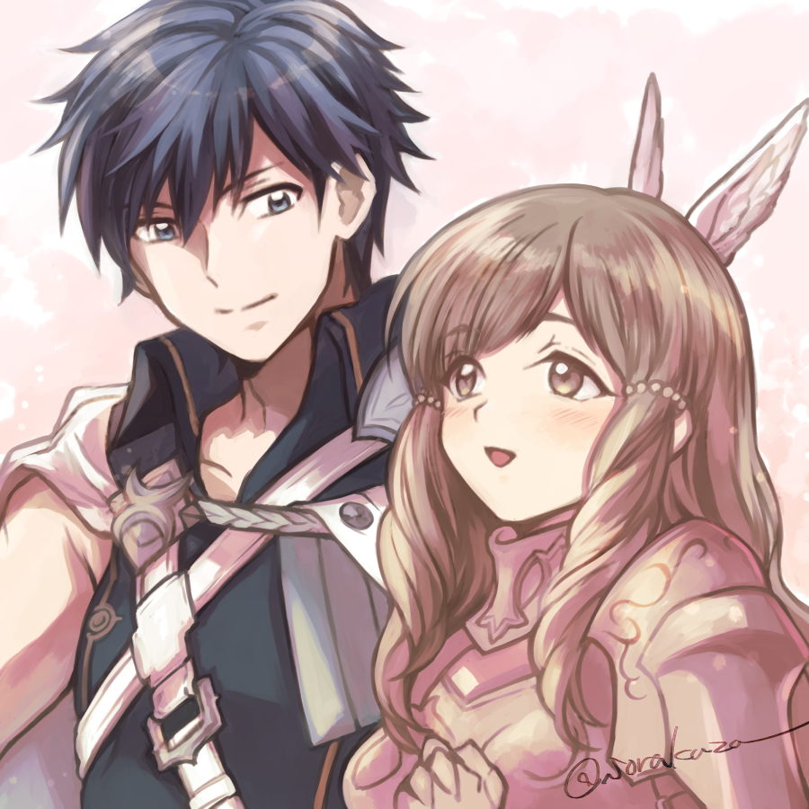 1boy 1girl :d armor blue_eyes blue_hair breastplate brown_eyes brown_hair cape chrom_(fire_emblem) closed_mouth commentary_request fire_emblem fire_emblem_awakening hair_between_eyes long_hair looking_at_another open_mouth short_hair shoulder_armor smile sorakaza sumia_(fire_emblem) twitter_username upper_body