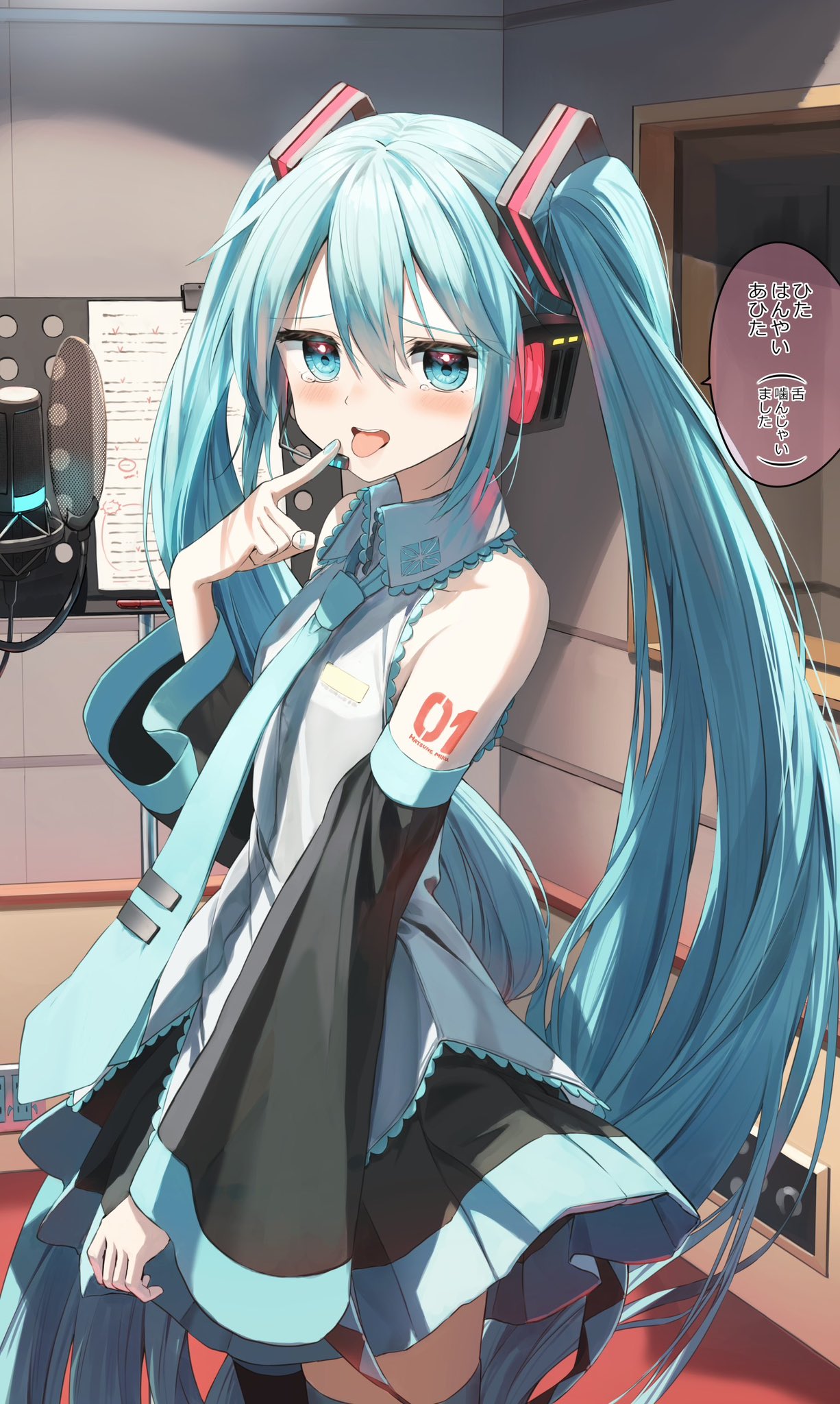 1girl black_skirt black_sleeves black_thighhighs blue_eyes blue_hair blue_nails blue_necktie blush collared_shirt commentary_request detached_sleeves finger_to_mouth glowing hair_between_eyes hatsune_miku headphones headset highres indoors long_sleeves looking_at_viewer microphone nail_polish necktie pentagon_(railgun_ky1206) pleated_skirt shirt skirt sleeveless sleeveless_shirt solo standing tears thighhighs tie_clip tongue tongue_out translation_request twintails vocaloid white_shirt wide_sleeves