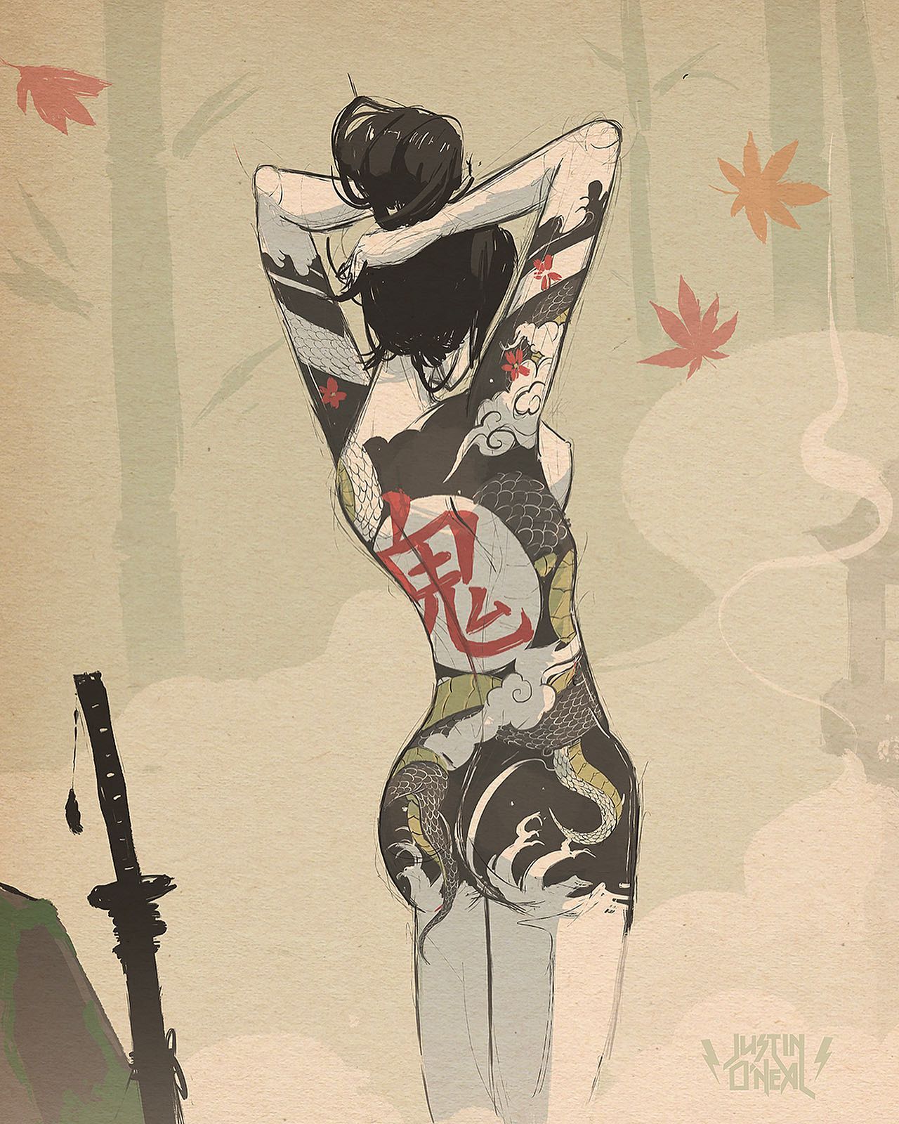 1girl adjusting_hair arm_tattoo arms_up artist_logo back_tattoo black_hair breasts completely_nude falling_leaves from_behind highres justin_o'neal katana leaf nude original planted planted_sword solo sword tattoo tree weapon