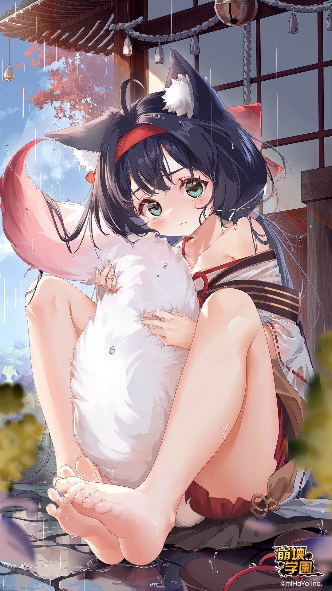 1girl animal_ear_fluff animal_ears artist_request bare_shoulders barefoot bell benghuai_xueyuan between_legs black_hair blue_sky blurry blurry_foreground blush closed_mouth cloud collarbone commentary_request day depth_of_field flower fox_ears fox_girl fox_tail green_eyes highres honkai_(series) jingle_bell long_hair looking_at_viewer off_shoulder official_art outdoors pleated_skirt rain red_skirt shion_(benghuai_xueyuan) skirt sky soles solo tail tail_between_legs tail_grab very_long_hair wet yellow_flower