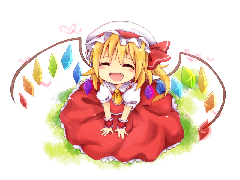 :d ^_^ bad_id bad_pixiv_id blonde_hair blush closed_eyes fang flandre_scarlet from_above hat hat_ribbon open_mouth ribbon side_ponytail sitting smile solo touhou uguisu_mochi_(ykss35) wings
