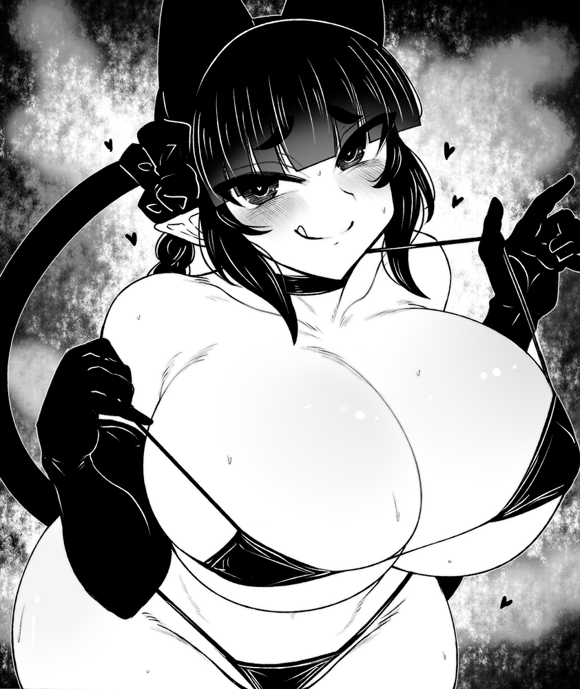 1girl :q animal_ears bikini blunt_bangs blush breasts cat_ears cat_tail choker cleavage collarbone commentary_request cowboy_shot extra_ears gloves greyscale haseru_(ginku_mh) heart heart-shaped_pupils huge_breasts kaenbyou_rin leaning_forward looking_at_viewer micro_bikini monochrome nekomata pointy_ears solo sweat swimsuit symbol-shaped_pupils tail tongue tongue_out touhou