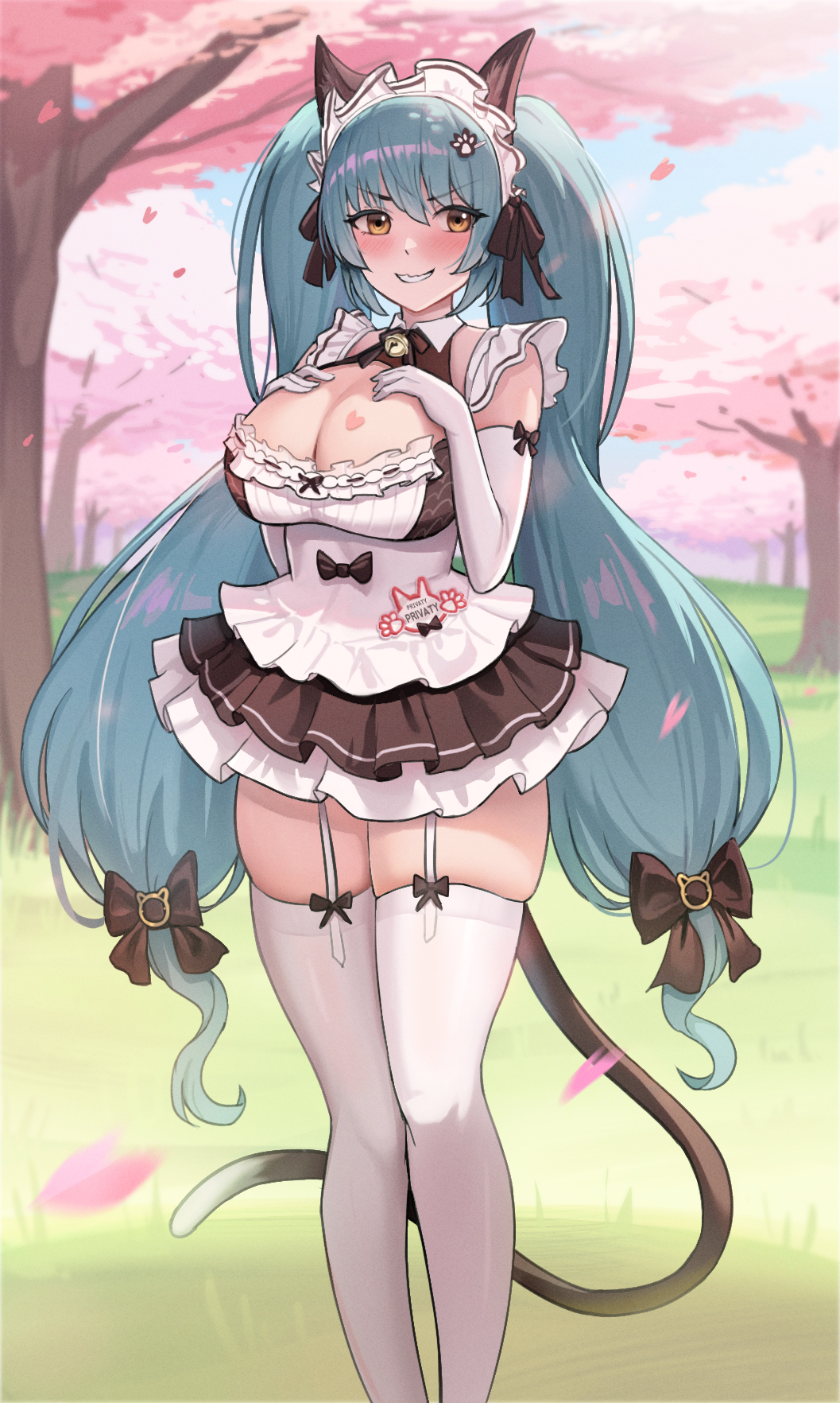 1girl animal_ears apron bell black_dress blue_hair blush breasts cat_ears cat_tail cherry_blossoms doryfish dress elbow_gloves embarrassed fake_animal_ears fake_tail gloves goddess_of_victory:_nikke grass grin hands_on_own_chest highres large_breasts legwear_garter light_blue_hair long_hair looking_at_viewer maid maid_headdress neck_bell official_alternate_costume paw_hair_ornament petals privaty_(nikke) privaty_(unkind_maid)_(nikke) skindentation smile solo tail thighhighs tree twintails very_long_hair white_apron white_gloves white_thighhighs yellow_eyes