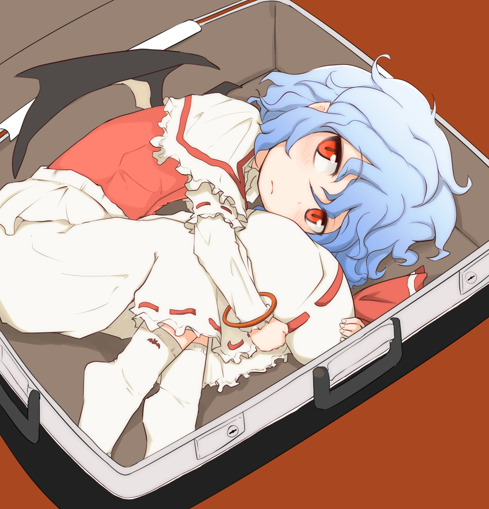 bad_id bad_pixiv_id bag bat_wings blue_hair blush box capelet curiosities_of_lotus_asia fetal_position hat hat_removed headwear_removed holding in_bag in_box in_container jitome lying madhand on_side red_eyes remilia_scarlet socks solo suitcase touhou wings