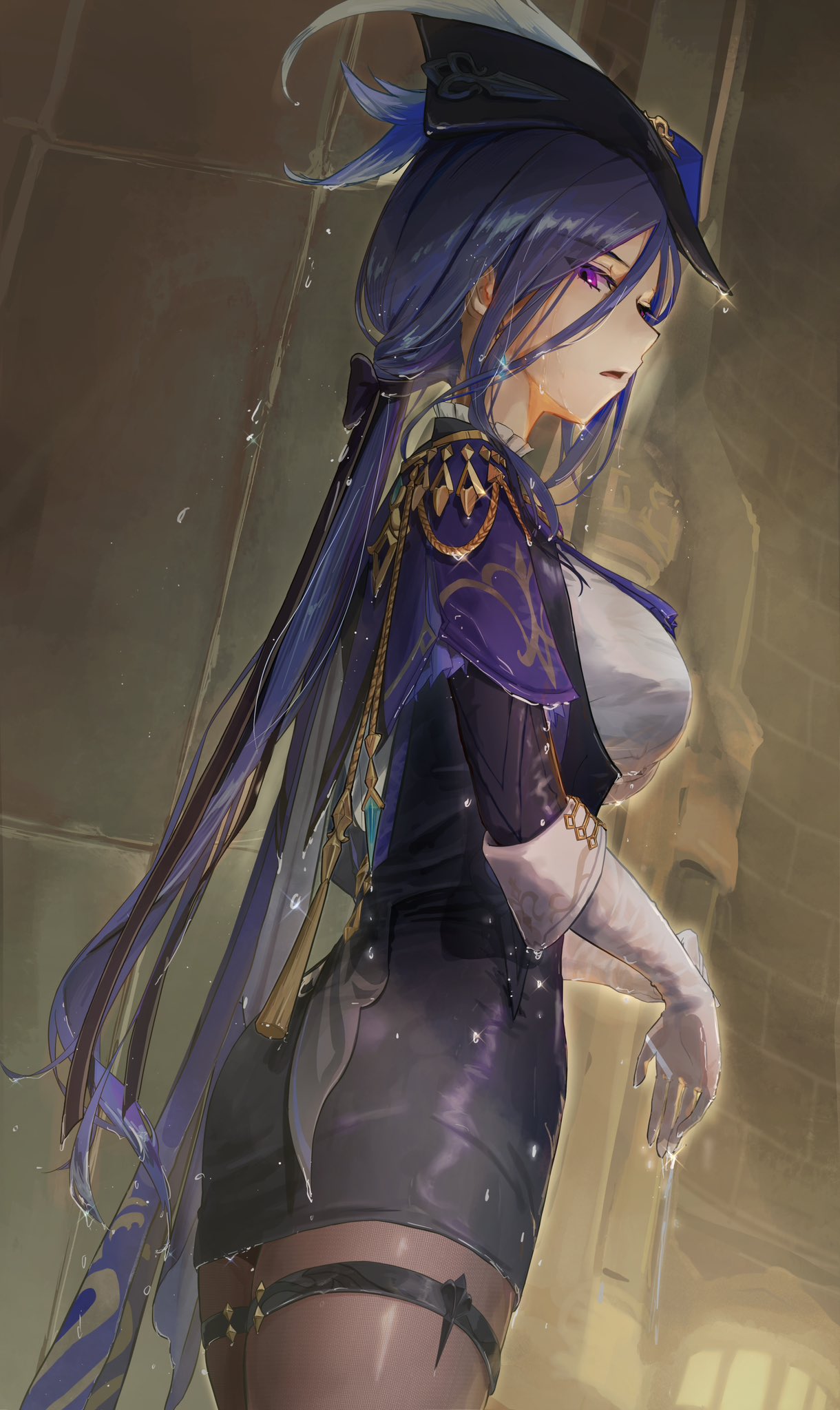 1girl ascot black_corset blue_ascot blue_cape blue_hair breasts cape clorinde_(genshin_impact) corset cowboy_shot dark_blue_hair dekalco dripping epaulettes fold-over_gloves genshin_impact gloves hat_feather highres large_breasts long_hair looking_at_viewer low_ponytail parted_lips purple_ascot purple_eyes revision solo stone_wall wet wet_clothes white_gloves